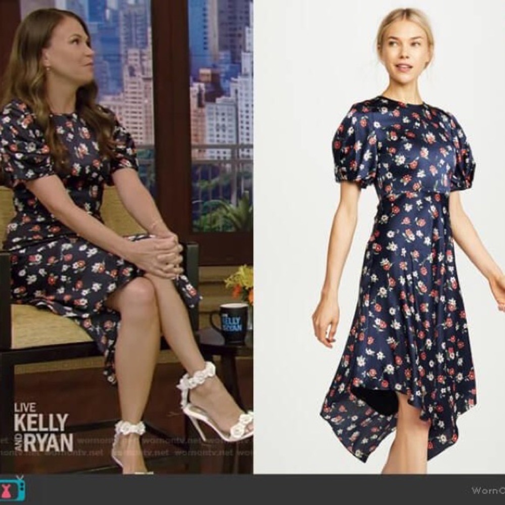 Italian Silk Milly Designer Navy Dress Floral Puff Sleeve Asymmetrical Hem NWT